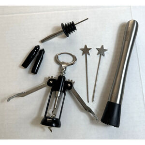 Wine Bottle Opener Set, Muddler-cocktail picks-winged Corkscrew-pourer-stoppers
